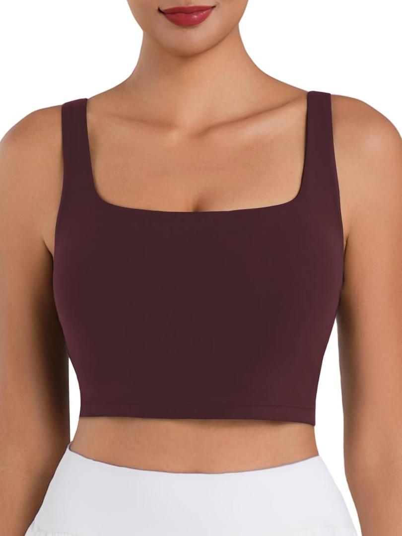 Sunzfly Women Square Neck Sport Bra with Removable Pads, Built-in Bra Crop Tank Top Summer Sleeveless Camisole Workout Yoga (Large, Chocolate)