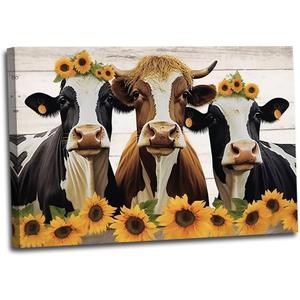 Cow Canvas Wall Art Farmhouse Cattle Picture Wall Art Funny Animal Artwork Painting Prints for Kids Room Decor Framed(Animal-7,12x18inch (30x45cm))