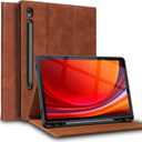 for Samsung Galaxy Tab S9 11inch and S9 FE/S10 FE/S10 Lite 10.9-inch Case with S Pen Holder 2023/2025(X710/X716/X510/X516/X520/X526) Genuine Leather Cover Protective Shell, Auto Wake/Sleep, Brown