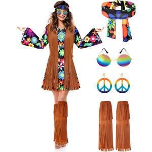 SATINIOR Halloween Hippie Costume Set Women 60s 70s Disco Outfits Party Dress Accessories for Adult, Large