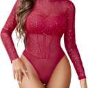 Avidlove Women Mesh Bodysuit Lingerie Mock Neck Long Sleeve Sheer Rhinestone Going Out Top (Small, Wine Red)