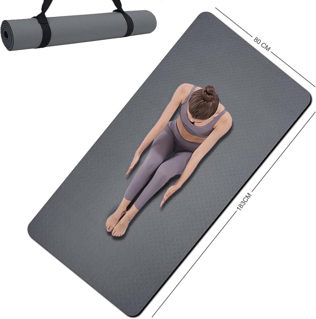 Yoga Mat Double-Sided Non Slip, 72'' x 32'' x 7mm - Extra Wide & Thick Yoga Mat for Women Men Kids, Professional TPE Yoga Mats for Home Workout, Yoga, Pilates and Floor Exercise, with Carrier Strap (Gray)