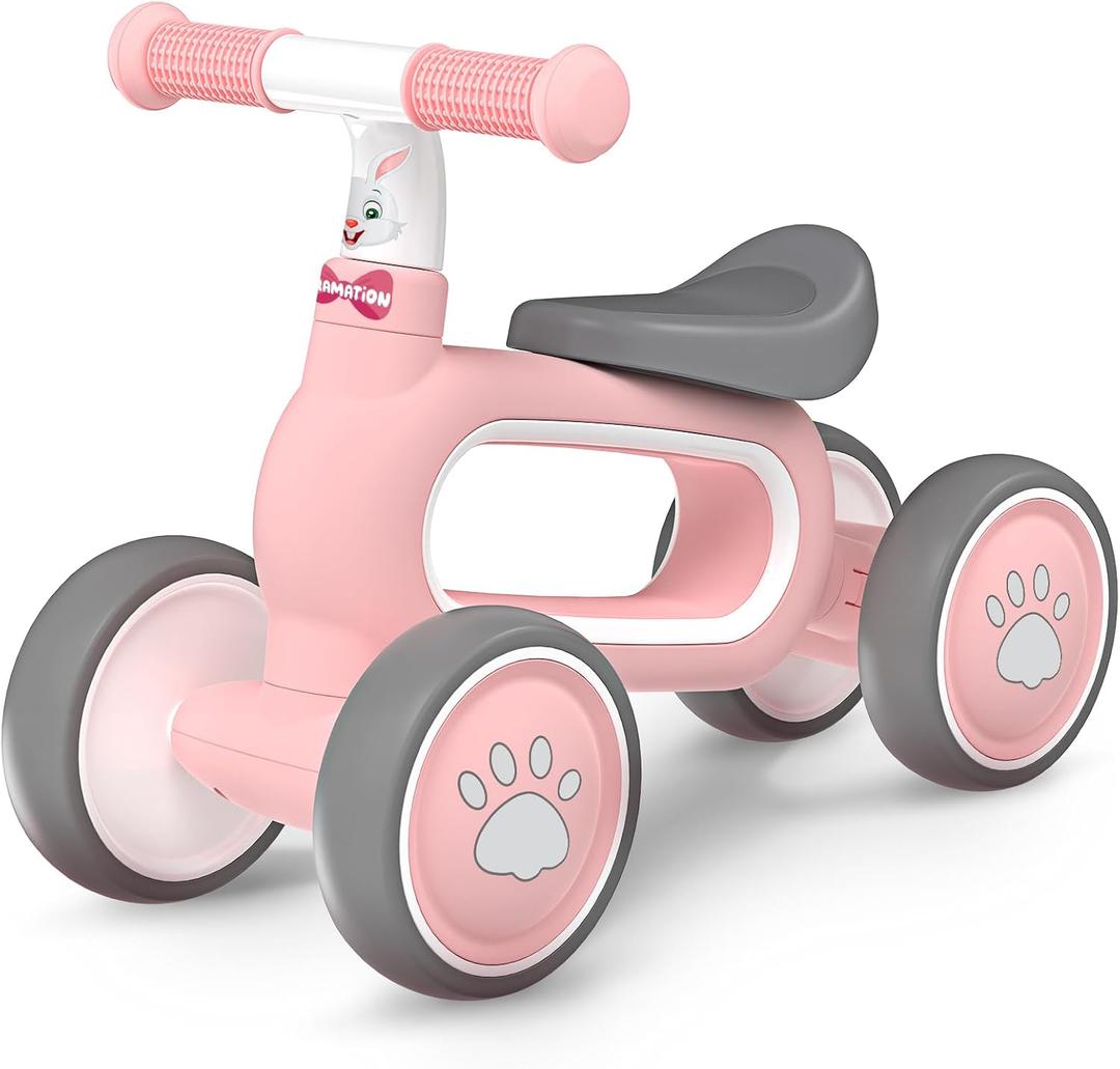 DRAMATION Baby Balance Bike for 1 Year Old Girls Gifts, 10-12 Months No Pedal Toddler Balance Bike with 4 Silence Wheels, 1st Birthday Gift, Ride On Toys for Boys Girls 1 Years Old, Pink
