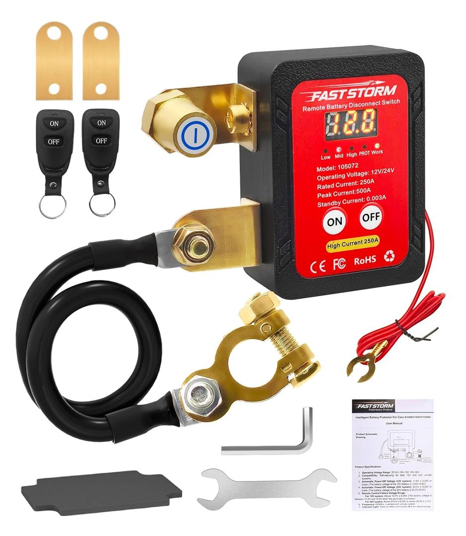 250A 12-24V Remote Battery Disconnect Switch with Extra Negative Battery Cable Led Voltage Display Car Anti Theft Kill Switch Automatic Battery Shut Off Switch