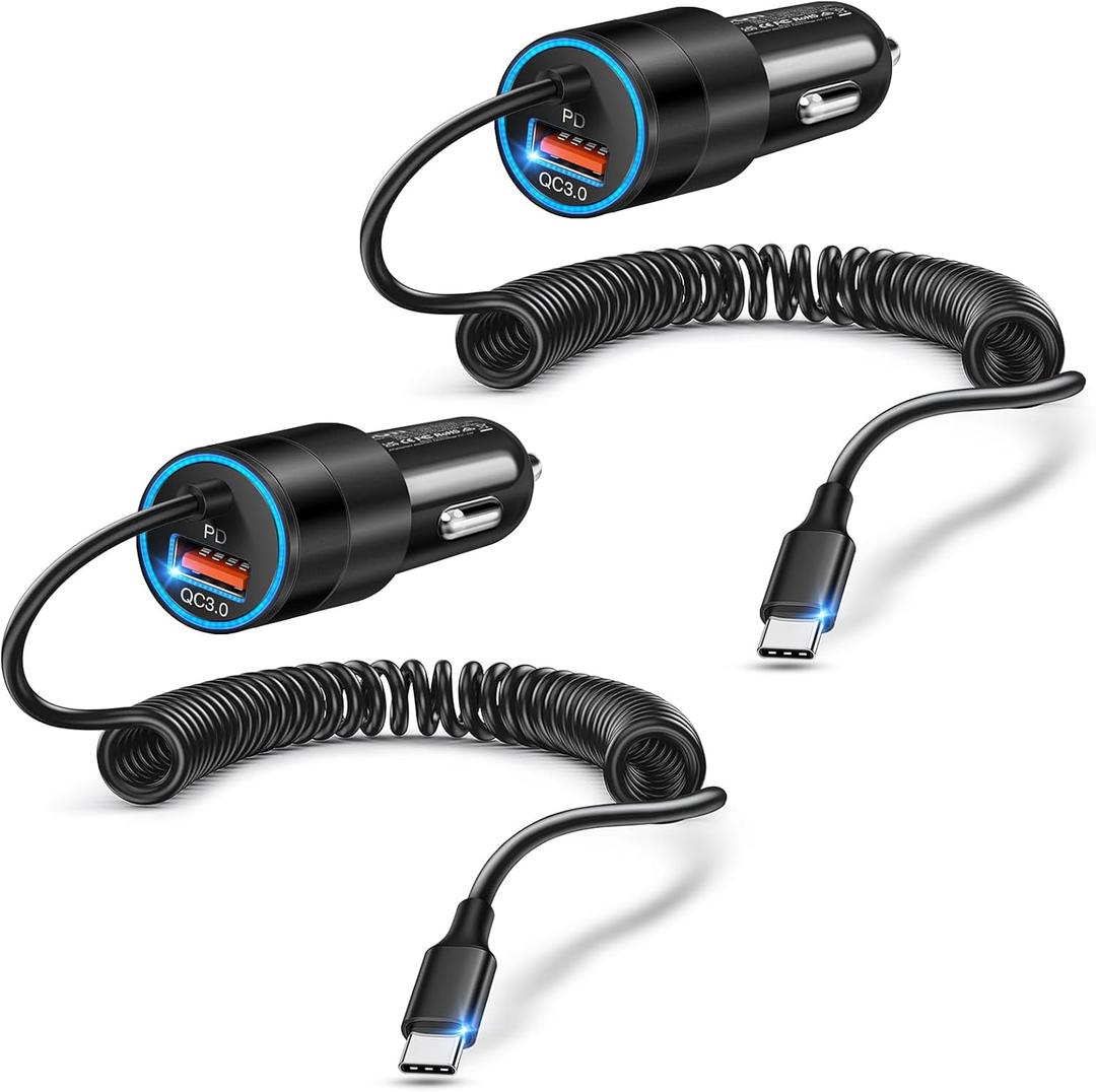 2-Pack 38W Car Charger USB C for iPhone 16 Pro Max Plus, Dual-Port USB-C+USB-A Cigarette Lighter Adapter Fast Charging Phone Plug with 4FT Type C Coiled Cable for iPhone 17/16e/15/S25/S24, Pixel