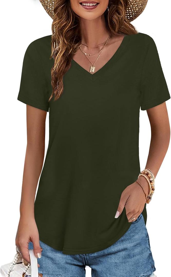 Elesomo Womens T Shirts V Neck Summer Short/Long Sleeve Cotton Tops Tees (Large, B:green)