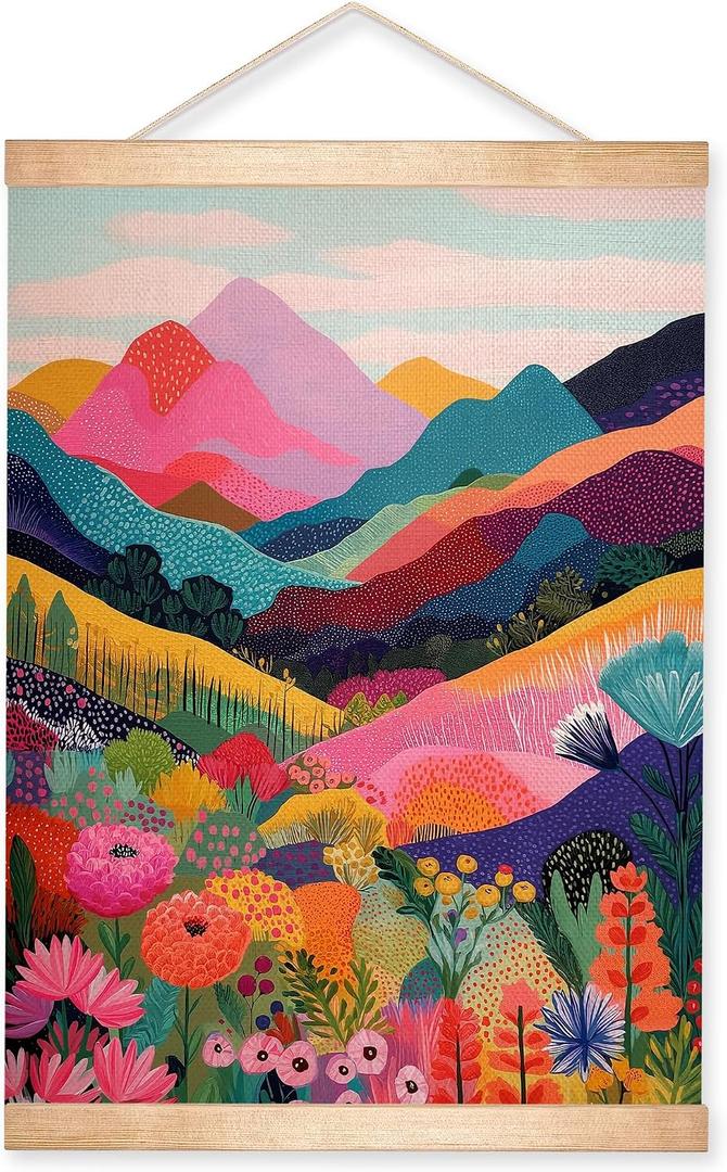 HEYJEEPER Colorful Landscape Wall Art, Vibrant Mountain & Floral Nature Poster, Boho Abstract Wall Hanging Decor,Colorful Landscape Wall Artfor Living Room, Bedroom, Office 18.5x14Inch