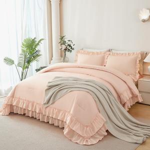 ANGIYUIN Pink Queen Size Comforter Set 5 Pieces Ruffled Bed in A Bag | Soft Farmhouse Fluffy Bedding Sets with Sheets Maicrofiber Shabby Bed Set for Girls Women(Pink Queen)