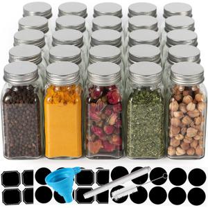 Keketin 6 oz Glass Spice Jars Bottles,25 Pack Empty Spice Jars with Shaker Lids and Labels,180ml Square Spice Containers with Airtight Silver Caps(Chalk Marker,Funnel and Brush include) (6oz-25pack)