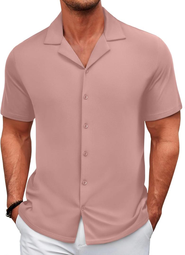 COOFANDY Men's Casual Shirts Short Sleeve Button Down Shirts Wrinkle Free Summer Shirt (Large, Pink)