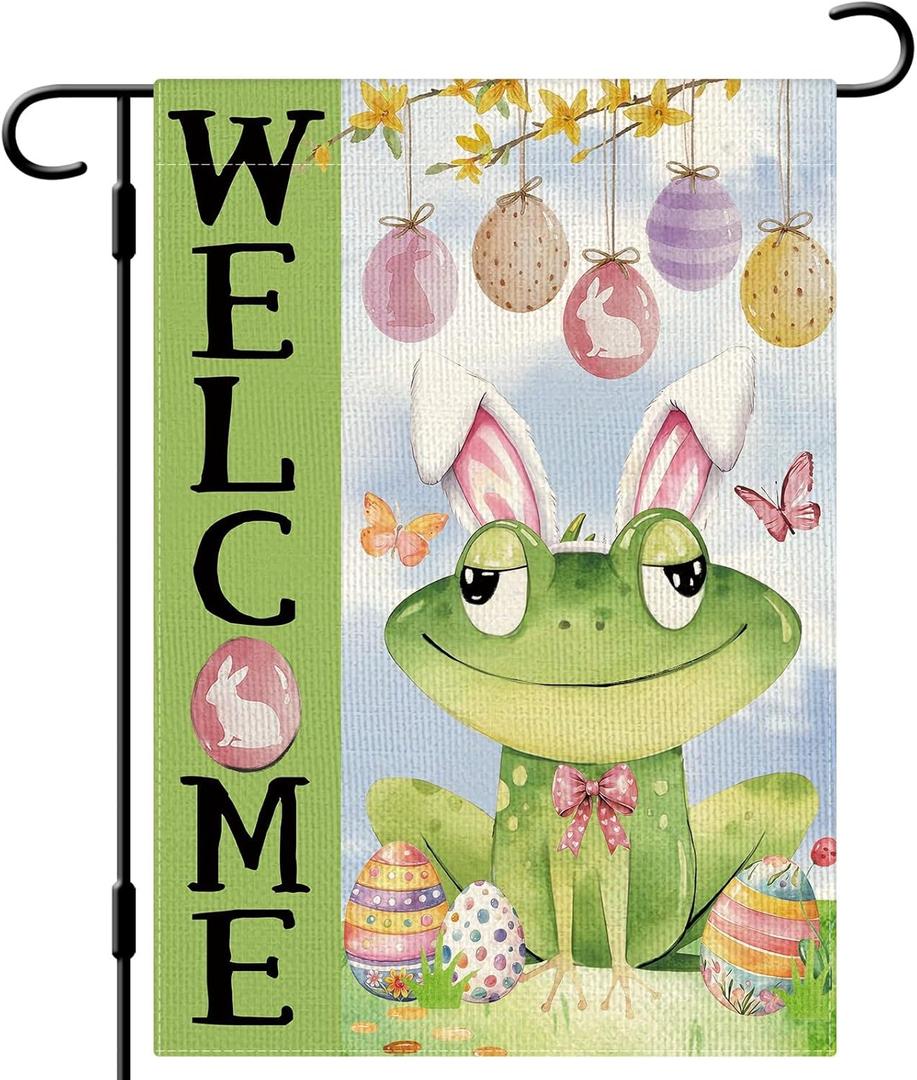 DLZDN Welcome Easter Frog Egg Garden Flag 1218 Inch Double Side Vertical Burlap Farmhouse Yard Sign Spring Holiday Outdoor Decoration