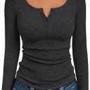 Trendy Queen Long Sleeve Shirts for Women Henley Ribbed Fall Tops Dressy Business Casual Teen Girl Winter Cute Basic Tees (X-Large, Dark Grey)