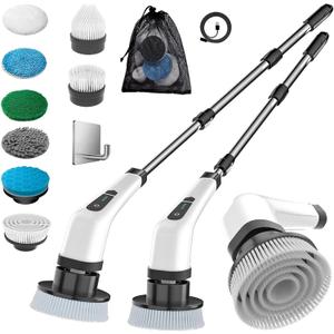 MGLSDeet Electric Spin Scrubber Scrub Brush, Rechargeable Cleaning Brush with 8 in 1 Replaceable Brush Heads, Cordless Power Spin Scrubber 90Mins for Bathroom Shower Bathtub Glass Car (Long White)