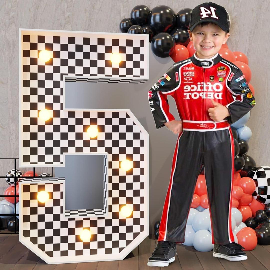 Marquee Numbers Race Car Birthday-Decorations: 3ft Large Fast One Party Decor Boy 5th 15th Big Light Up Cardboard Number 5