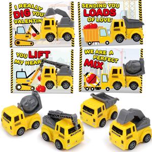 24 Pack Valentines Day Gifts for Kids School - Valentines Exchange Cards for Kids Classroom - Construction Truck Vehicles Toys Card Bulk - Valentine Cards for Toddlers Boys Class Party Favors Prizes, Small