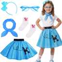 50s Costumes for Girls 1950s Pink Poodle Skirt Set with Eye Glasses Scarf Headband Socks for Kids Halloween Costume (Blue, XS)