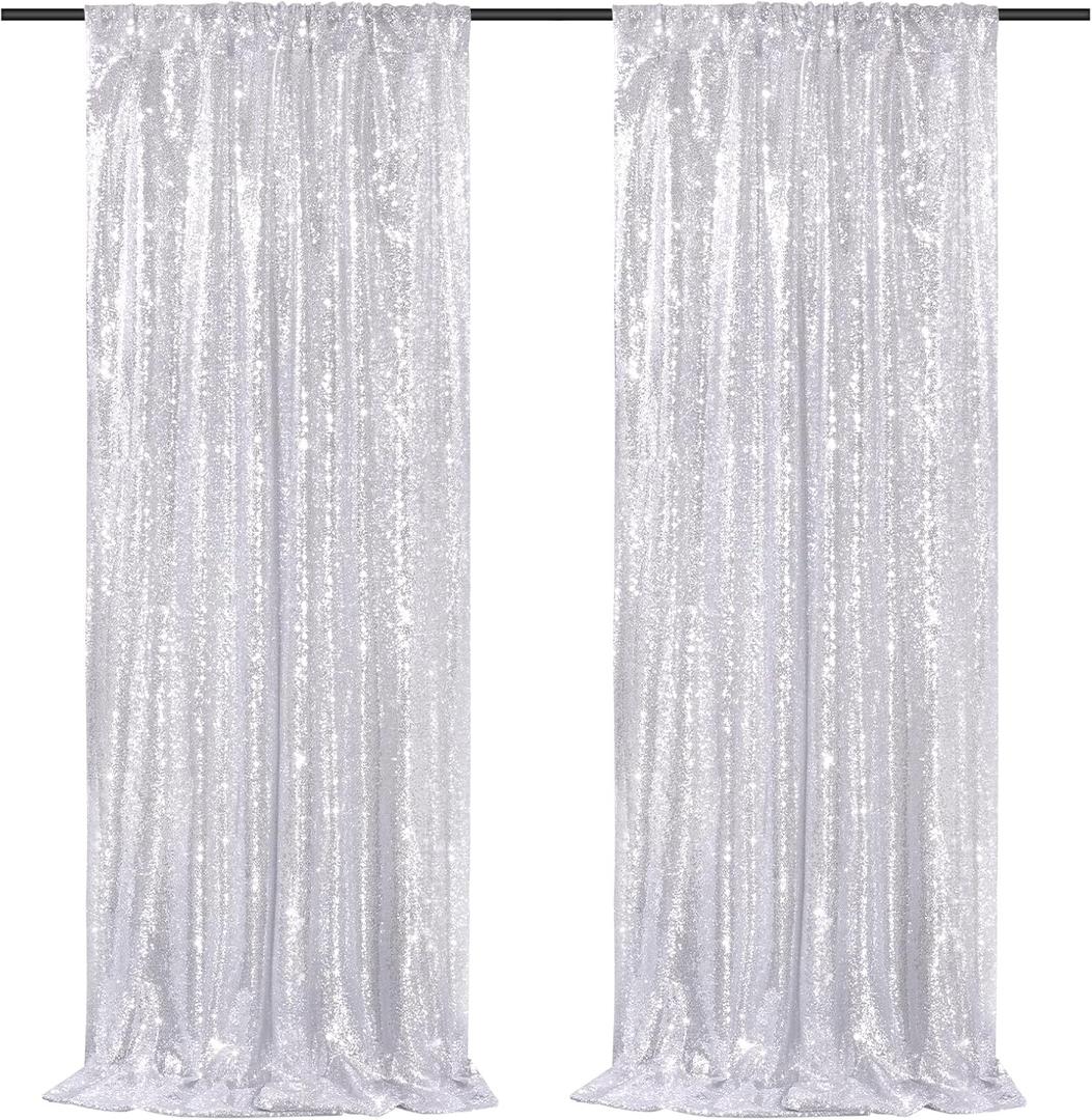 Silver Backdrop Curtains 2 Pieces 2FTx8FT Sequin Backdrop Decor for Party Wedding Christmas Background (2 pcs-2ftx8ft)