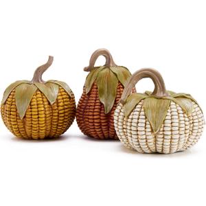 Valery Madelyn Fall Decorations for Home, Fall Pumpkin Decor, Set of 3 Resin Artificial Corn Decorative Pumpkins Indoor, Table Centerpieces Autumn Thanksgiving Halloween Decorations, 5.1 Inch (Medium)