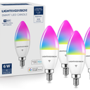 Lightinginside E12 Smart Light Bulbs 60W Equiv., Work with Alexa/Google Home/SmartLife, 500LM 6W RGBCW Candle Candelabra LED Light Bulbs, No Hub Required, 2.4G WiFi Bluetooth Bulb, ETL Listed, 4PCS