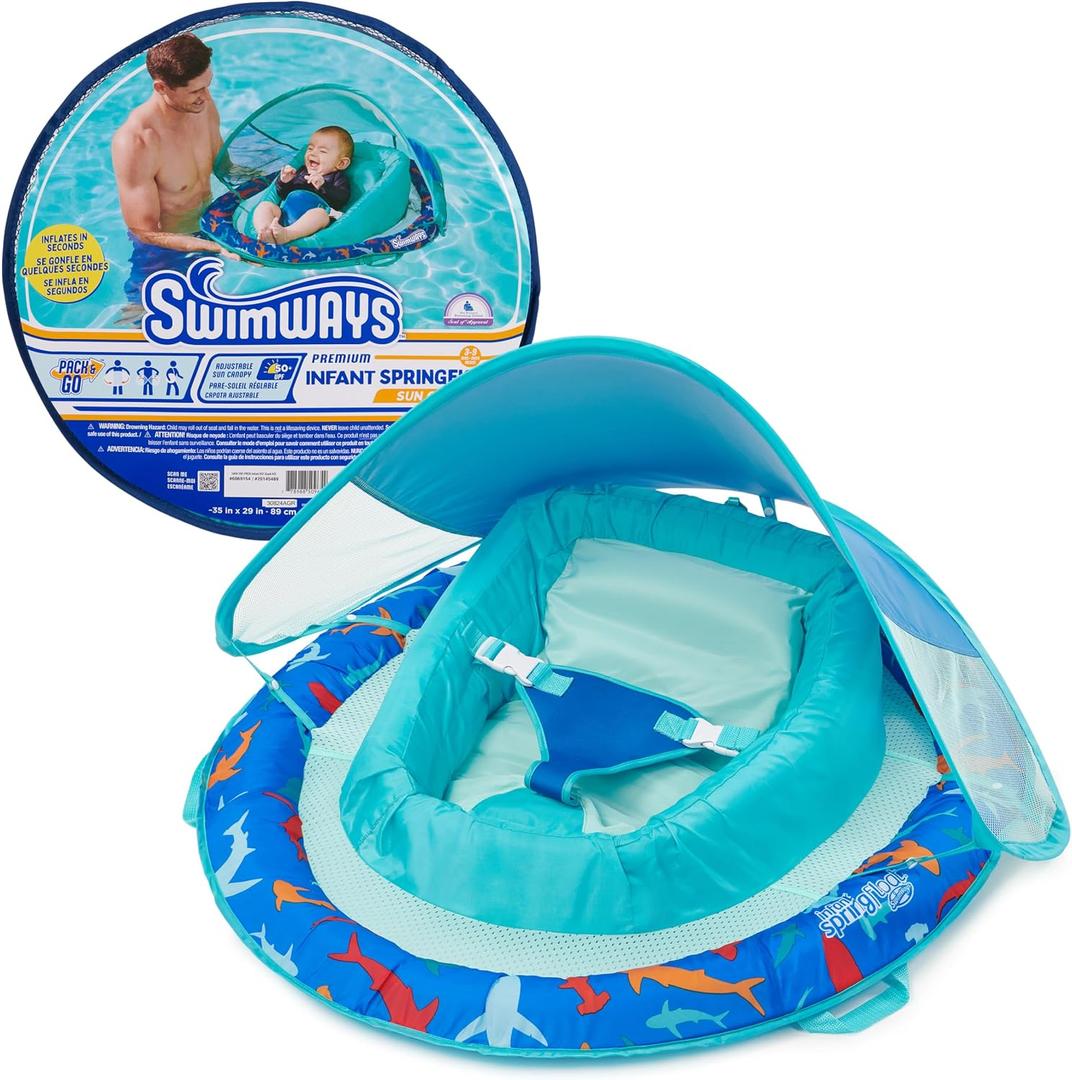 SwimWays Infant Spring Float, Baby Pool Float with Canopy & UPF Protection, Swim Training PFD, Swimming Pool Accessories for Babies 3-9 Months, 35inx29in