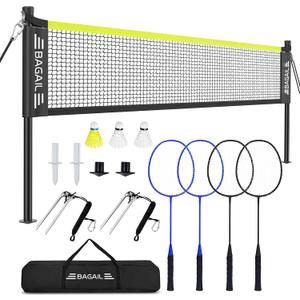 BAGAIL Outdoor Badminton Net Set with Anti-Sag Winch System - Official Size 20ft x 5ft, 4 Rackets, 3 Shuttlecocks, Durable PE Net & Carry Bag for Backyard, Beach, Family Games - Yellow