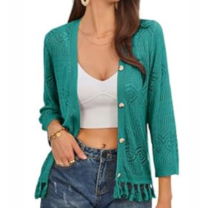 GRACE KARIN Women's 3/4 Sleeve V-Neck Boho Hollowed Out Crochet Knit Shrug Lightweight Cardigan Sweater with Tassels (Apricot)