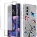 Case for Moto Edge 2022/Moto Edge 2022 5G UW XT22051 Case with Tempered Glass Screen Protector, Full Body Floral Protection Hard+TPU Shockproof Cover for Motorola Moto Edge 2022 Tree Butterfly