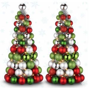 Meooeck 2 Pcs Christmas Ball Tree with Lights 16 Inch LED Fireplace Table Holiday Xmas Tree Decorations Tabletop Christmas Beach Decorations for Party (Red, Green, Silver)