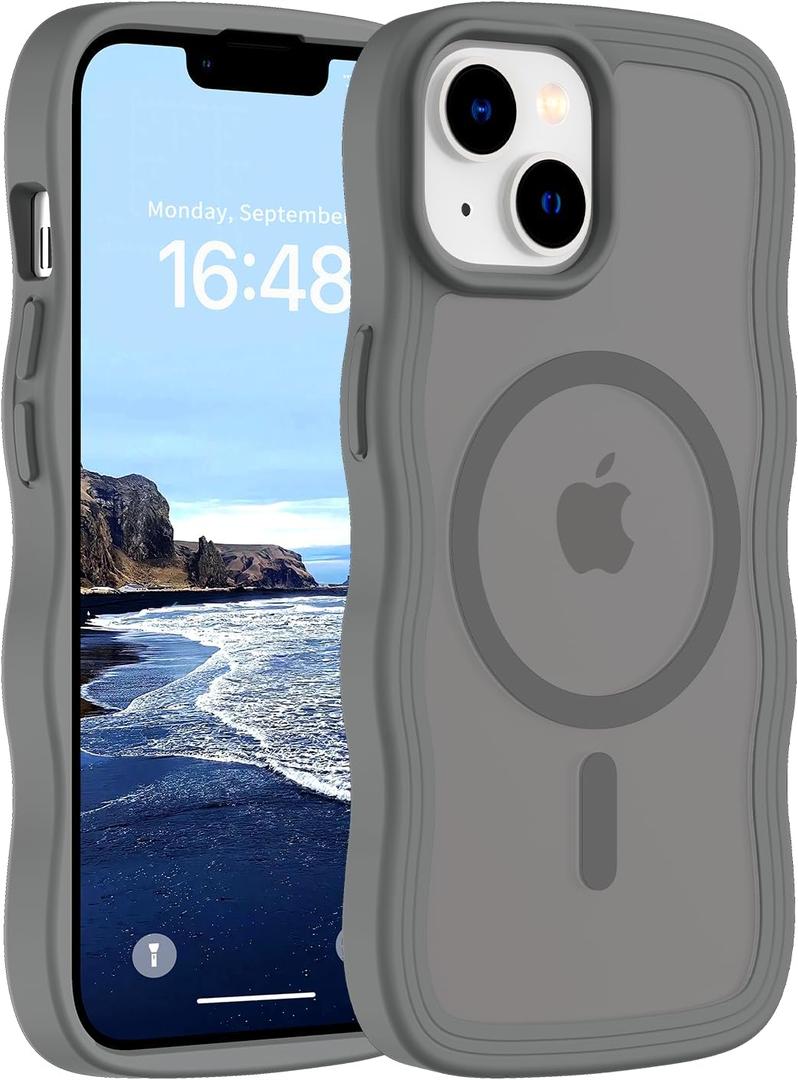 2 x Hualele Magnetic for iPhone 13 & iPhone 14 Case, Compatible with MagSafe, Military Grade Dropproof Translucent Matte Back Cute Curly Wave Edge Slim Phone Case,Grey
