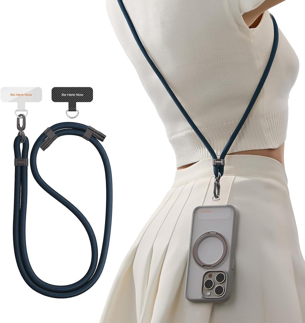 TORRAS Phone Lanyard Crossbody with 2 Phone Tabs, Adjustable Anti Theft Strap for All Cellphones, Premium Metal Buckles, Skin-Friendly, Universal Cellphone Neck Lanyard for Travel Essentials, Deep Blue