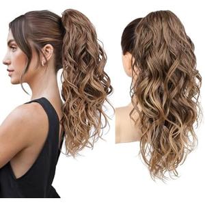 REECHO Ponytail Extension, 18" Claw Clip Ponytail Extension Wavy Ponytails Hair Extensions Jaw Clip on Pony Tails Natural Synthetic Hairpiece for Women Daily, Dark Ash Blonde with Golden Ends