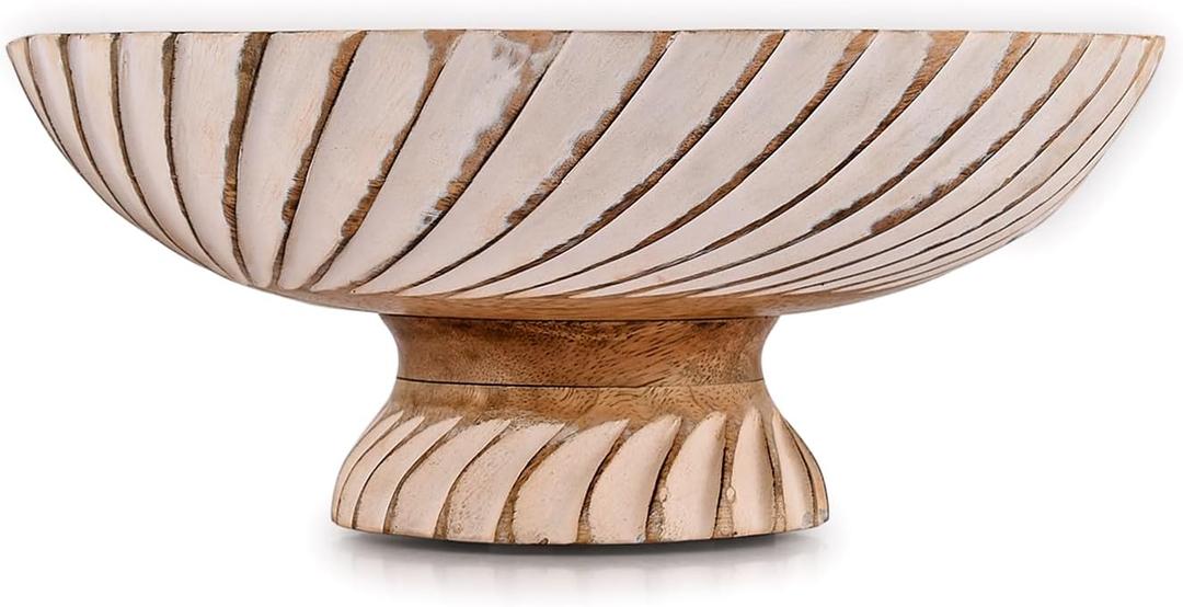 NIRMAN FRUIT BOWL Mango Wood Fruit Bowl Pedestal Bowl for Table Dcor, Wooden Fruit Bowl for Kitchen Counter Pedestal Fruit Bowl, Dried Fruit (12" X 12" X 4.75")