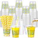 Umigy 100 Pack Plastic Disposable Cups with Lids and Straws 12 oz Disposable Cups for Juice Water Coffee Summer Party Sports Party Supplies (Capri Lemon)