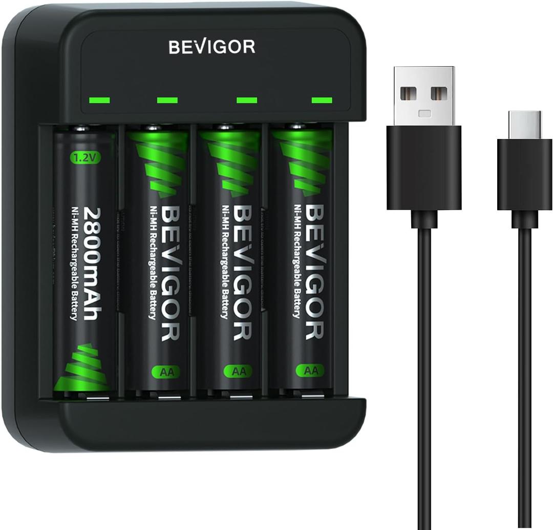 BEVIGOR Rechargeable AA Batteries with Charger, 2800mAh 4-Pack NiMH Double A Batteries with Smart 4 Bay USB Fast Charging Battery Charger for Ni-MH Ni-CD