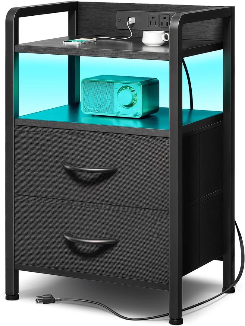 Night Stand Bedside Charger Bedroom - Nightstand with Charging Station & LED Light Strip, Night Stand with Storage Shelf & 2 Fabric Drawers, Morden End Table with U-S-B Ports & AC Outlets, Black 11.4"D x 15.6"W x 24.4"H