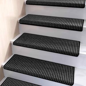 Brakki Bullnose Carpet Stair Treads, Non Slip Stair Treads for Wooden Steps Indoor, Stair Runner, Soft Stair Rugs for Pets, Edging Stair Protectors, Washable, 29.5"x9.5"x1.5" 14pcs, Black Grey