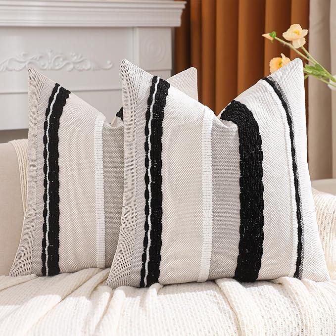 Tosleo Black and White 18 x 18 Pillow Covers Set of 2 Striped Patterned Decorative Pillow Cases Accent Chenille Pillowcases Farmhouse Cushion Case Bohemian Nuetral Textured Pillow Cover
