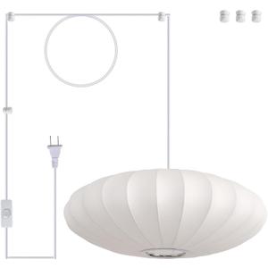 19.7in Plug in Lantern Pendant Light, White Imitation Silk Pendant Light Wabi Sabi Saucer Japanese Bubble Hanging Lamp Chandelier for Living Dinning Room Kitchen Island Bedroom 1 Pack