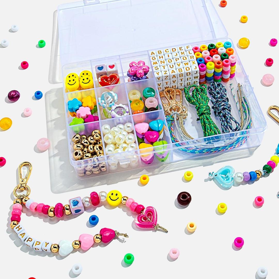 MYCUTEY 421Pcs DIY Keychain Making Kit - Beaded Keychain & Bag Charm Craft Supplies with Colorful Beads, Cords and Acrylic Heart Flower Charms for Kids, Personalized Alphabet A-Z Name Making Kit Gifts