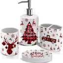 Christmas Bathroom Decor Sets of 4, Reindeer Christmas Toothbrush Holder Set, Xmas Ceramic Bathroom Accessories Set