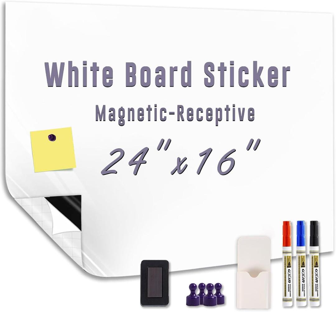 Magnetic Whiteboard Sticker - Adhesive Backing 24'' x 16'' Dry Erase Board for Wall Whiteboard Contact Paper for Office Home Door Include Marker Magnet Eraser