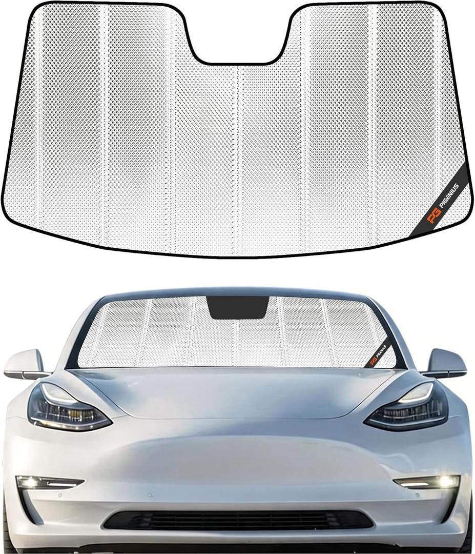 Pigenius Windshield Sun Shade for Tesla Model 3 2018-2025, Tesla Model Y 2020-2026. Reflective Aluminum Film Front Window Sunshade - BLAZBLOCK
