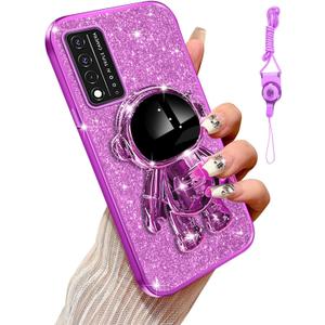 for T-Mobile Revvl V Plus 5G Case, Women Girls Bling Luxury Glitter Clear Phone Case with 6D Astronaut Stand Kickstand, Shockproof Protective Cover for T-Mobile Revvl V Plus 5G, Purple