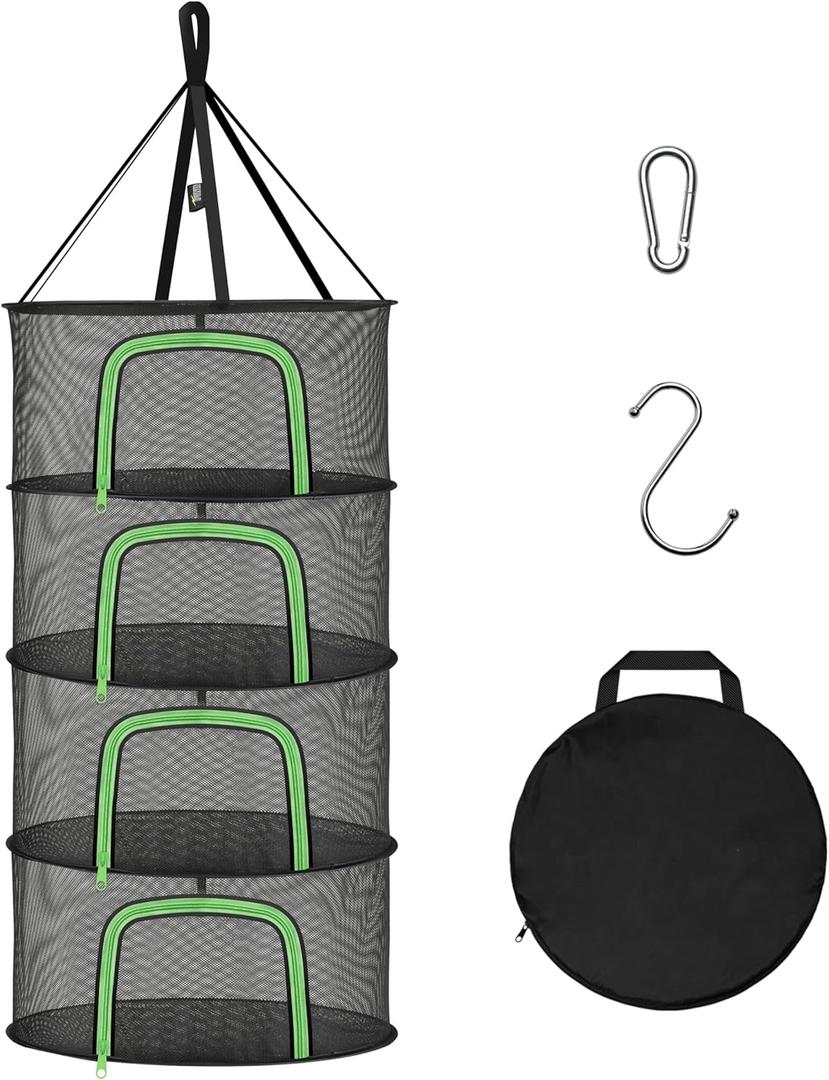 YSSOA Herb Drying Rack Hanging 4 Layer 24'' with U-Zippers & Hook, Dry Mesh Folding Basket Dryer for Plants, Herbs and Buds in Grow Tent, Closet, Hydroponics, Garden Outdoor