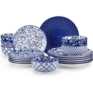 Vancasso SELENE Plates and Bowls Set for 6, 18 Pieces Dinnerware Sets, Mircowave and Dishwasher Safe Dishes Set, Porcelain Blue Dinnerware