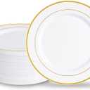 N9R 100 PCS Heavy Duty Gold Dinner Plastic Plates, 10.25 inch White Disposable Plate with Gold Rim, Plates for Party Wedding and Birthday