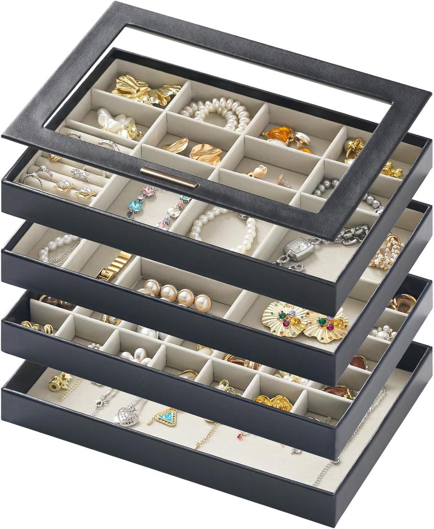 Large Jewelry Organizers and Storage Box, 4 Layers Stackable Jewelry Organizer Trays Clear Lid Cover for Drawers, Jewelry Boxes for Women, Stacker Jewelry Display Case (Black)