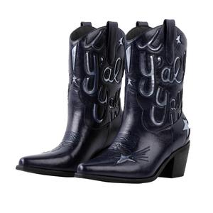 Shofrindy Blue Cowboy Boots for Women Metallic Mid Calf Booties with Stars Western Navy Cowgirl Fashion Embroidery Short Boots with Chunky Low Heel Party Shoes Cocert Outfits Size 7.5