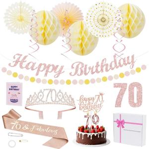 70th Birthday Decorations Set for Women - Queen Crown, Sash, Card, Cake Topper & Candles, Rose Gold Happy Banner with Paper Honeycomb, Poms Fan, Streamers, Gift Kit70 & Fabulous Birthday Celebration