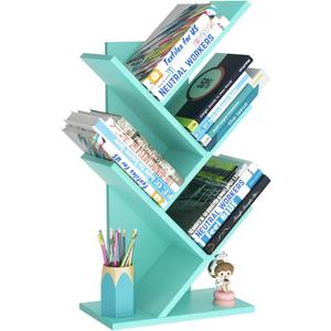 5 Tier Tree Book Shelf, Small Desktop Bookshelf with Storage Organizer, Wood Bookcase, Desk Display Bookshelves, Floor Standing Organizer Bookcases for Living Room,Bedroom,Office-Green